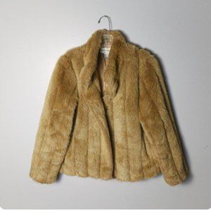 TAN, SOFT FAUX FUR COAT WITH METAL CLASPS, SATIN LINED